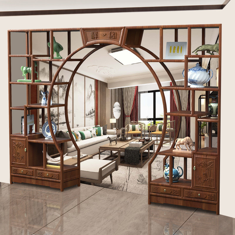 新中式月洞门博古架实木仿古雕花拱门客厅玄关茶叶多宝阁隔断定制