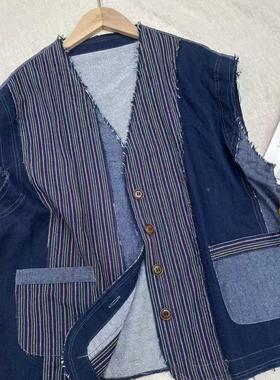 简赛正品原单60310个性拼接条纹V领毛边亚麻马夹女百搭小复古风