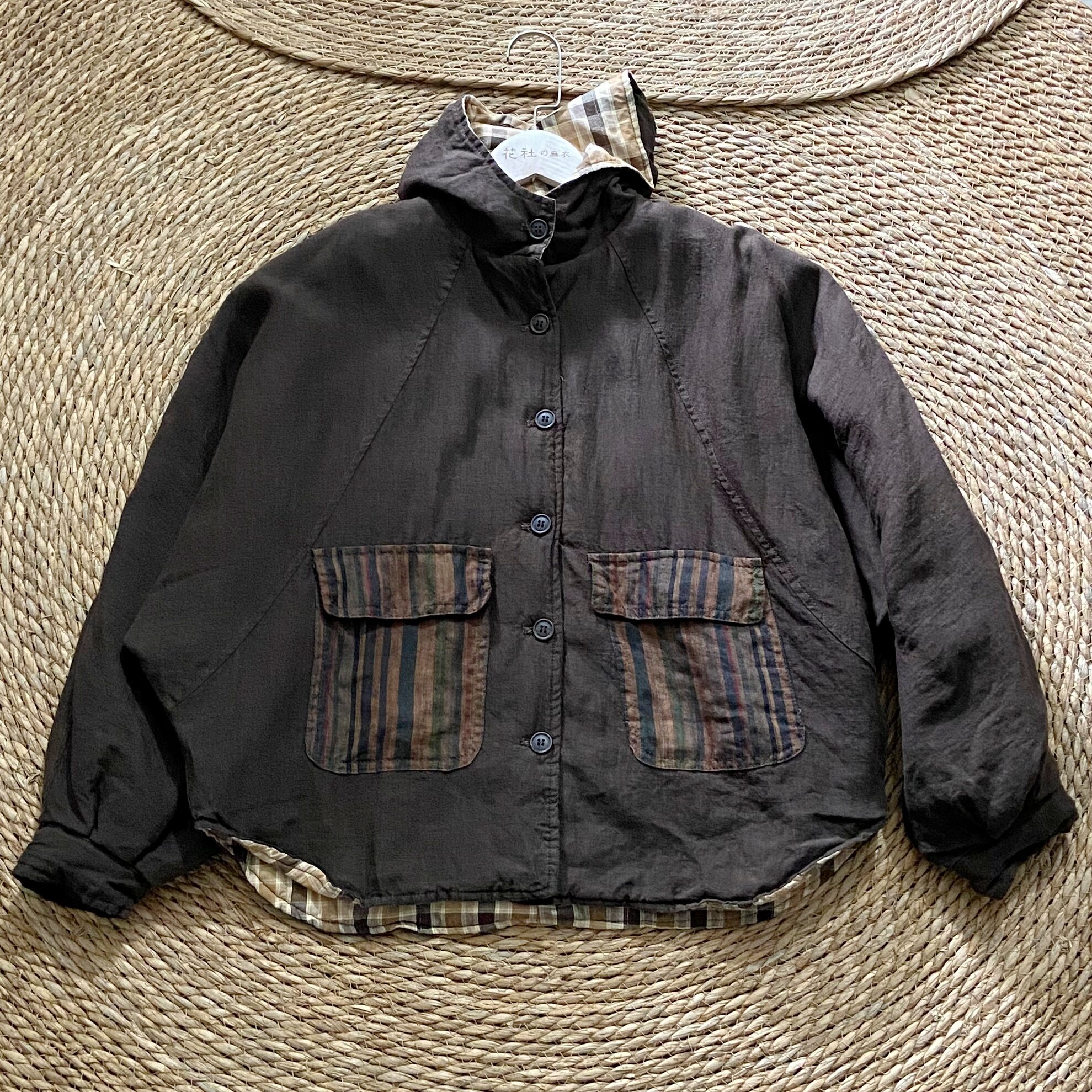 花社正品亚麻连帽加厚棉服女