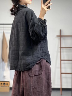 花社冬季 原创复古绗缝格子棉衣宽松显瘦百搭做旧麻料夹棉衬衣5205