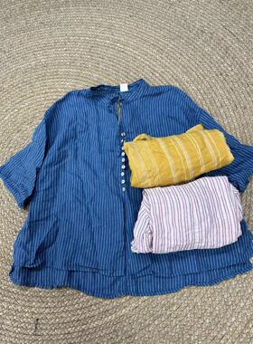 花社正品原单5715日系风小立领全亚麻条纹宽松衬衫女显瘦上衣百搭