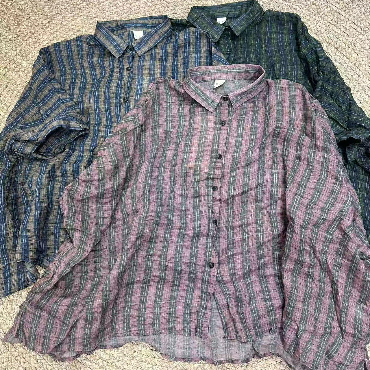 花社正品 5871 春夏新款条纹个性宽松大码 七分袖100%亚麻衬衫女