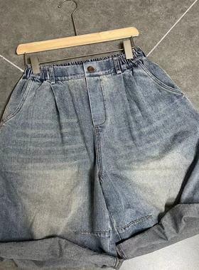 简赛正品60442款 水洗蓝宽松大码6分阔筒牛仔裤软糯舒适全棉牛仔