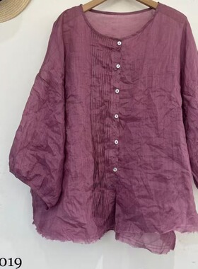 简赛正品60019 宽松大码九分袖褶皱圆领100%苎麻开衫衬衫