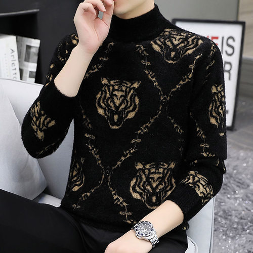潮流半高领虎头提花针织衫