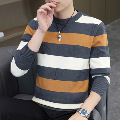 潮流条纹毛衣男士圆领拼色打底衫秋冬季新款薄款针织衫男款毛线衣