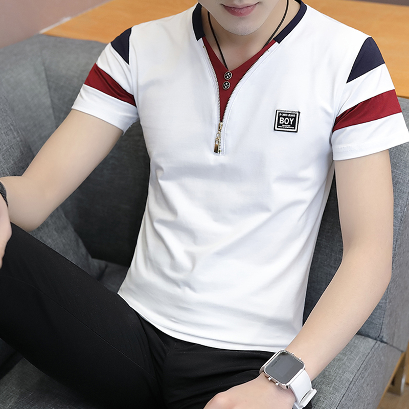 拉链装饰短袖衣服牧外V领学生