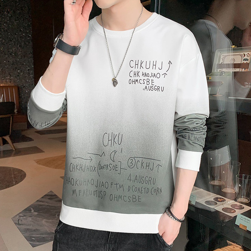 男士卫衣春秋薄款上衣青年学生渐变白色长袖t恤潮牌秋衣春季衣服