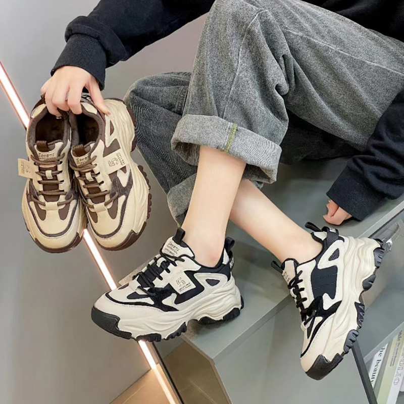 佰诗奴老爹鞋女真皮2024年新款冬季厚底加绒保暖增高运动鞋女棉鞋