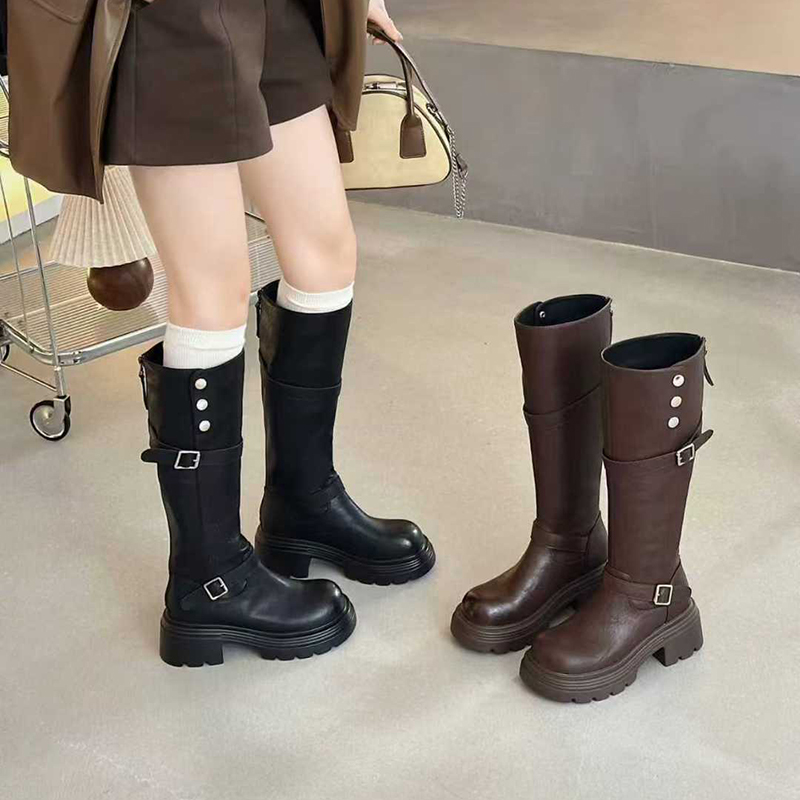 佰诗奴2025年秋冬季新款中跟方跟百搭休闲骑士靴女长筒靴女高靴潮