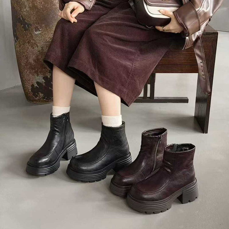 佰诗奴女棉靴2025年冬季新款高跟方跟时尚加绒保暖短靴女烟筒靴潮