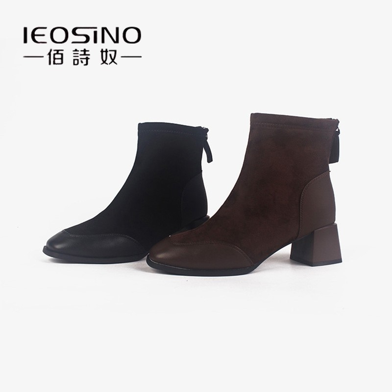 佰诗奴短靴女高跟2024秋冬新款百搭显瘦弹力靴粗跟方头瘦瘦靴单靴