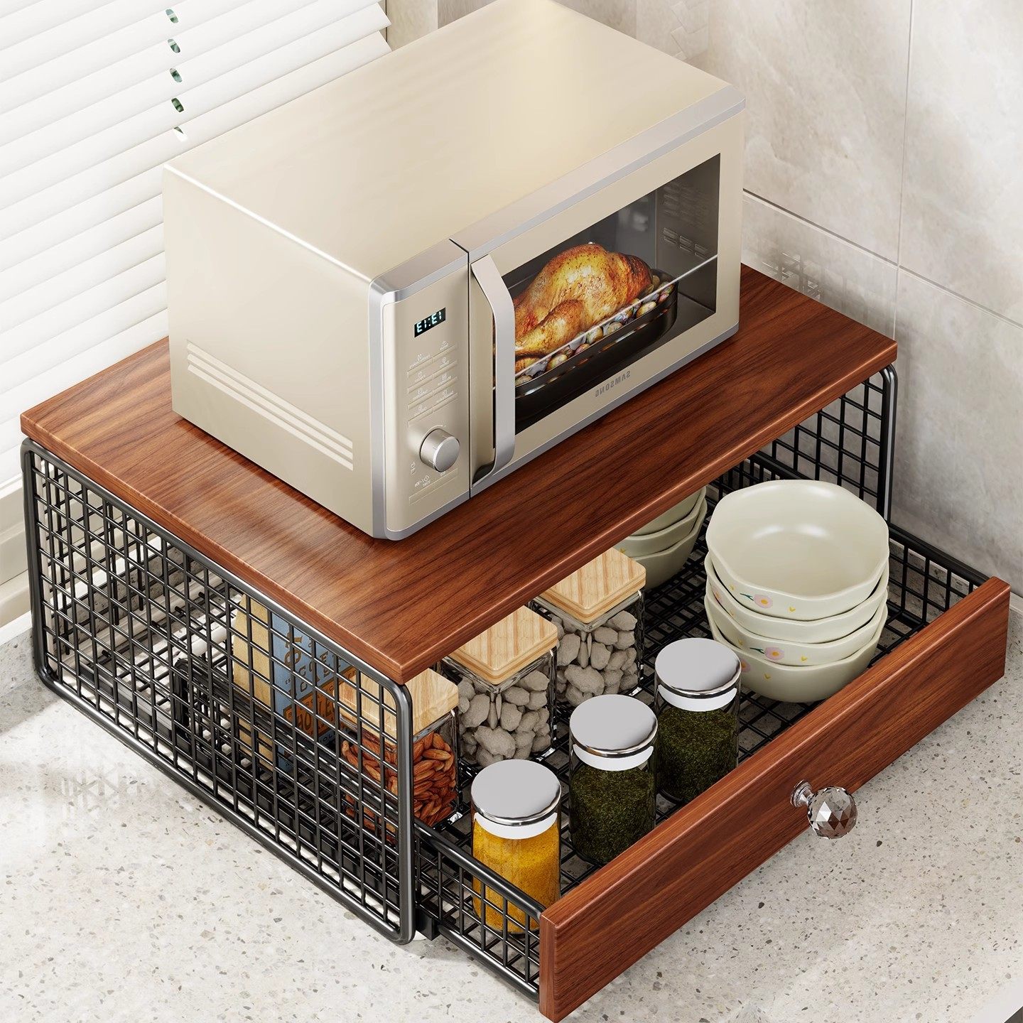 厨房微波炉置物架抽屉收纳架木纹双层调料架电饭煲支架带抽屉储物,厨房/烹饪用具,厨房抽屉置物架,淘宝优惠券,粉丝福利购,淘宝优惠卷