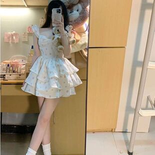 法式绝美小飞袖吊带连衣裙仙女裙夏日甜美蓬蓬蛋糕裙小个子短裙子