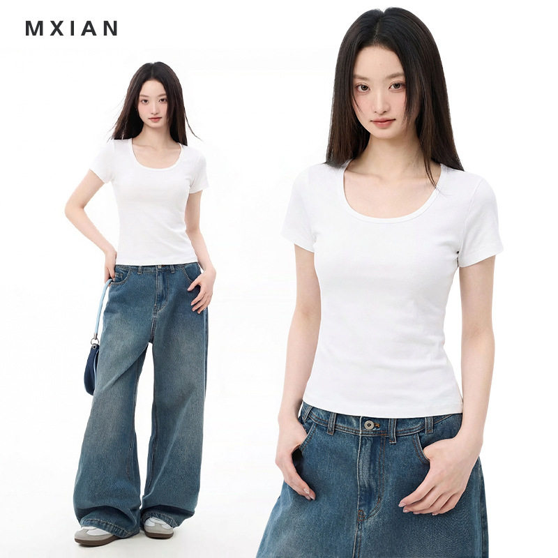 正肩u领修身短袖T恤女夏季基础款百搭显瘦白色设计感纯色短款上衣