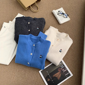 温柔复古小猫刺绣圆领针织开衫 女保暖百搭显白克莱因蓝毛衣外套秋