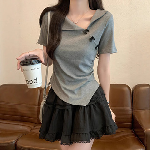 2025短袖正肩t恤女夏显瘦修身不规则小众设计感独特漂亮掐腰上衣