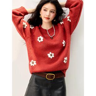 实拍支花迷人美感 新年红色毛衣女冬季立体花宽松上衣