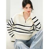 翻领半拉链复古条纹套头针织衫 宽松软糯气质毛衣潮 上衣女新款