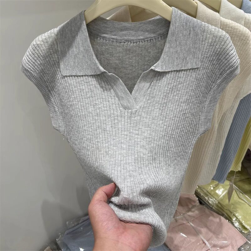韩系新款坑条冰丝针织短袖t恤修身短款翻领polo衫上衣女夏高级感
