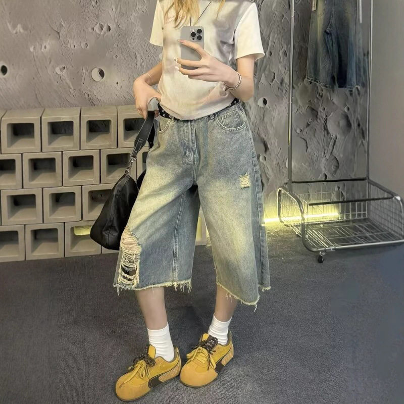 复古做旧毛边破洞牛仔七分裤女夏季新款高腰宽松显瘦直筒阔腿裤子