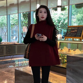 背心上衣潮 无袖 欧货时髦气质复古红色高领针织毛衣马甲女冬季 新款