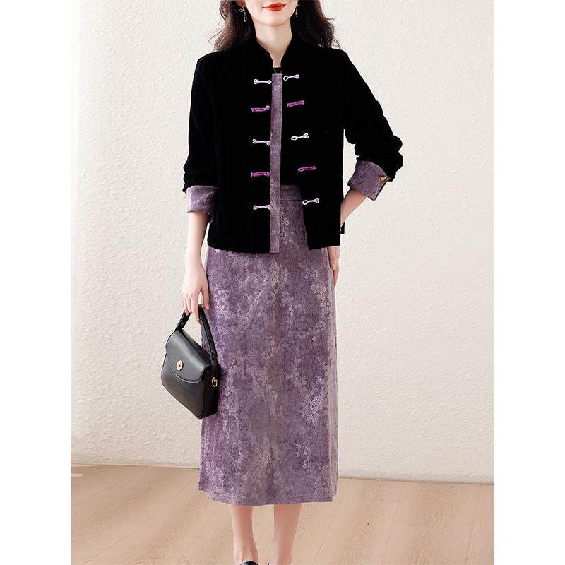 实拍微胖冬装搭配感复古丝绒盘扣外套新中式国风套装裙女