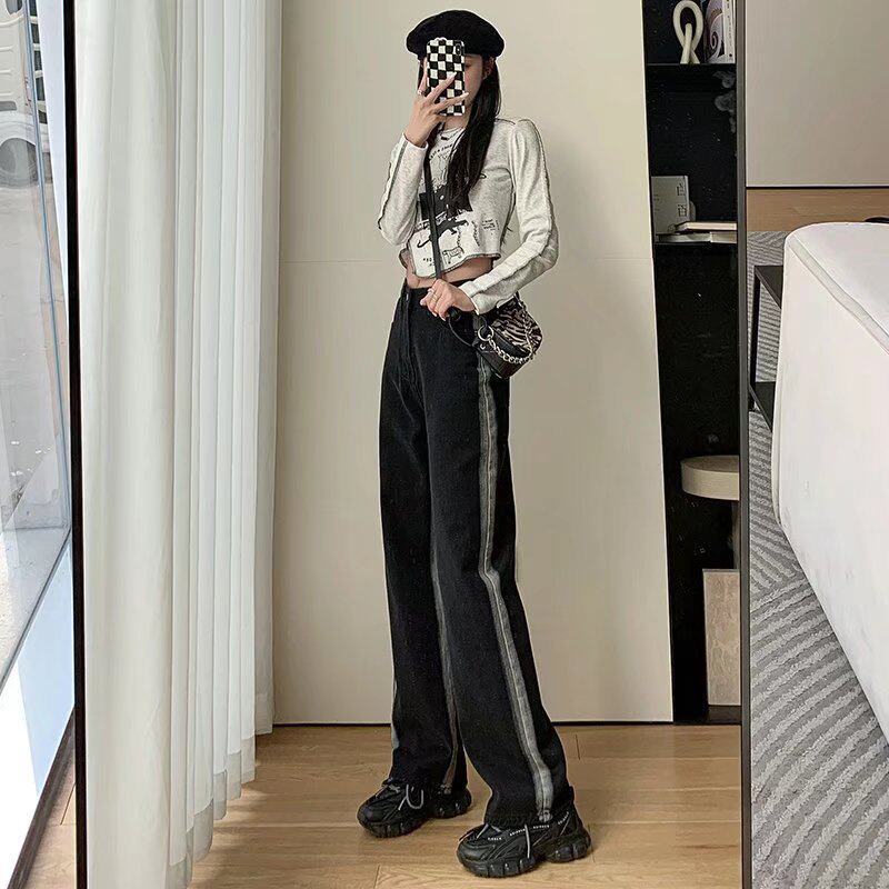 黑色渐变牛仔裤女2022年春季新款潮高腰显瘦直筒宽松阔腿拖地裤子