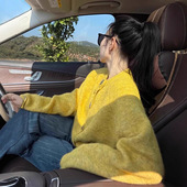 毛衣外套女宽松慵懒风外穿针织上衣春秋款 法式 复古黄色浣熊绒开衫