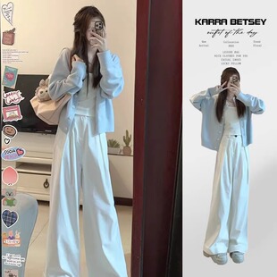 韩系软糯感浅蓝色针织毛衣女初秋季新款简约短款外套开衫外穿上衣