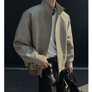 美式复古千鸟格外套男款春秋高级感痞帅立领cleanfit哈灵顿夹克男