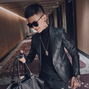 皮衣痞帅褂子男发型师百搭外套小西服 修身 网红加绒休闲西装 男韩版