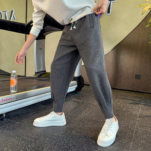 2024秋冬雪花毛呢高端休闲裤男束脚裤厚款裤子潮牌痞帅炸街哈伦裤