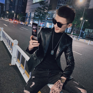 皮衣潮流痞帅社会人皮西服发型师外套 修身 社会小伙休闲西装 男韩版