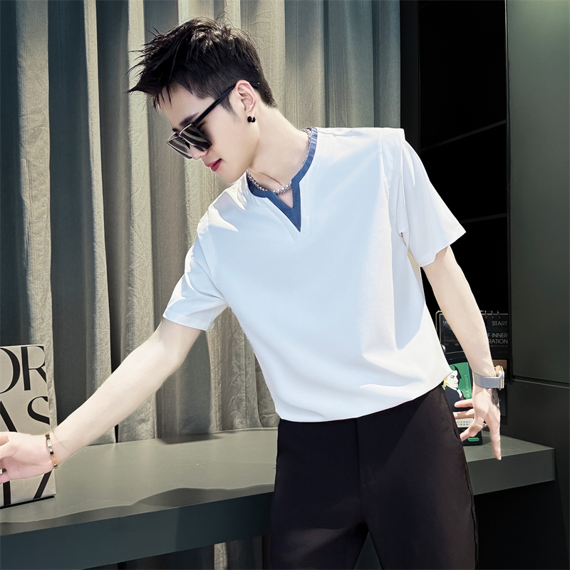 痞帅V领短袖衬衫男士夏季冰丝