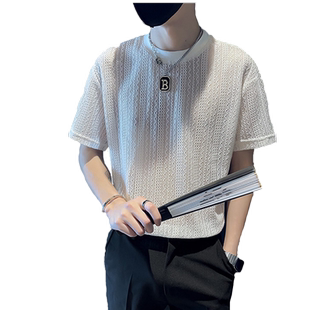 冰丝镂空网眼短袖t恤男夏季半截袖体恤薄纱上衣休闲五分袖凉感t桖