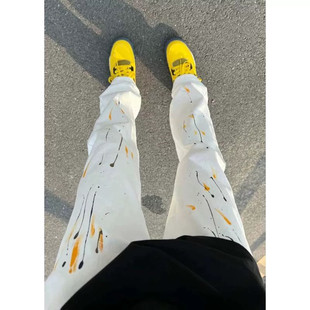白色泼墨牛仔裤男夏季高腰显瘦裤子小众设计感美式高街vibe直筒裤