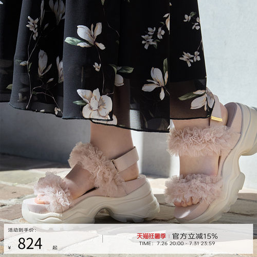 RANDA 26夏季新薄纱荷叶厚底增高凉鞋拖鞋户外沙滩鞋女鞋 PR37227