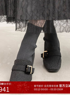 RANDA 25秋季新款原创金属扣高级感针织拼接粗跟长靴 PC36068
