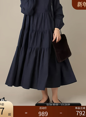 RANDA 藏青色V领长袖蛋糕连衣裙宽松显瘦气质长裙 BB01254