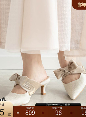 RANDA 25早秋新款休闲蝴蝶结休闲酒杯跟尖头穆勒单鞋 PD36042