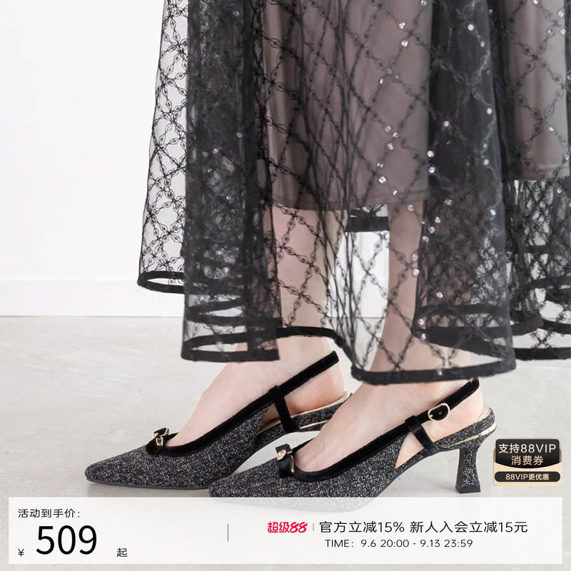 RANDA 24秋冬新款经典复古珍珠蝴蝶结方头高跟鞋 DD34070图片