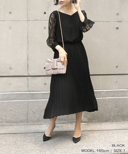 RANDA 日系优雅喇叭袖短袖V领没背蕾丝长款连衣裙 BB01218