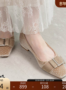 RANDA 25秋季新款水钻扣饰天鹅绒波点优雅方头单鞋 PP36165