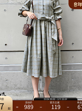 RANDA 黑色翻领系带连衣裙 中长款灯笼袖气质通勤女裙 BB01052