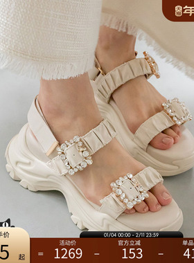 RANDA 25春夏新款COTTON时尚方扣钻饰褶皱带女运动凉鞋 PR31263