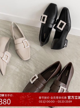 RANDA 秋冬新款方钻点缀平跟方头乐福鞋女 PH32068