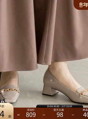 RANDA 秋冬新款时尚亮面珍珠点缀方头粗跟女单鞋 PH32004