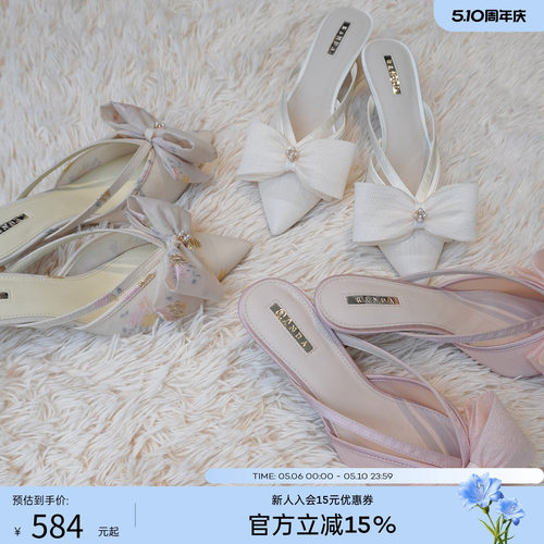 RANDA 26春季新款蝴蝶结织物甜妹日系酒杯高跟穆勒鞋女 DD37046
