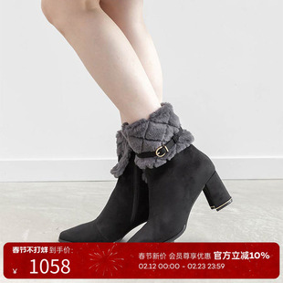 RANDA 25秋季新款COTTON系列可拆毛绒饰带4种穿法短靴女 PC36175